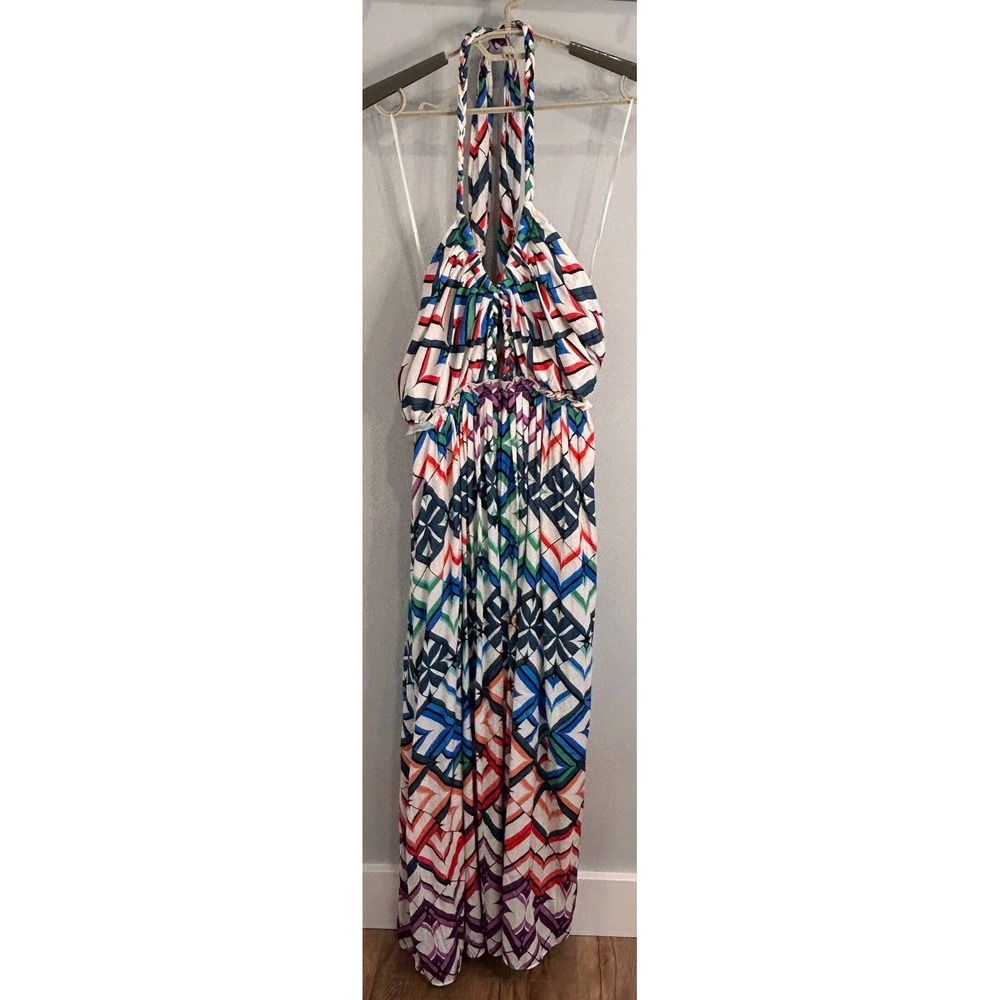 By Anthropologie Halter Midi Dress Bright Print Cut Out Stretch New Size 12